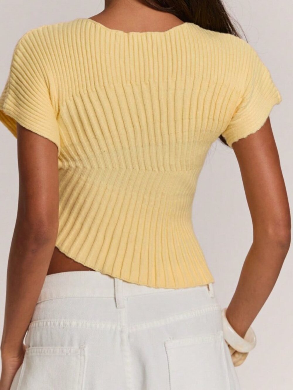 Yellow Casual Women's Asymmetrical Cropped Knit Top - Picture 2 of 7